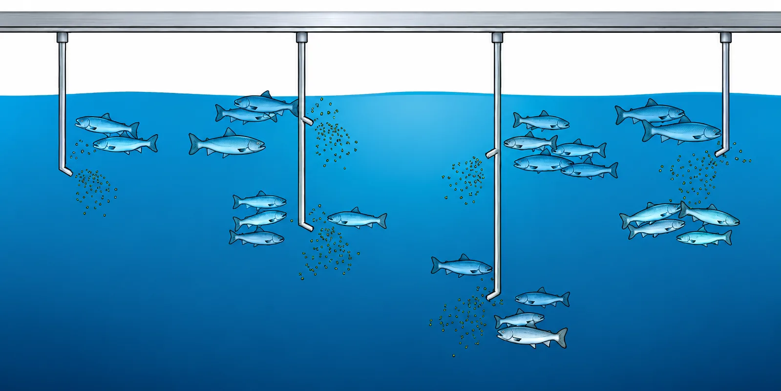 HyFlow-diagram for fôrdistribusjon som viser pellets som når fisken i tanken