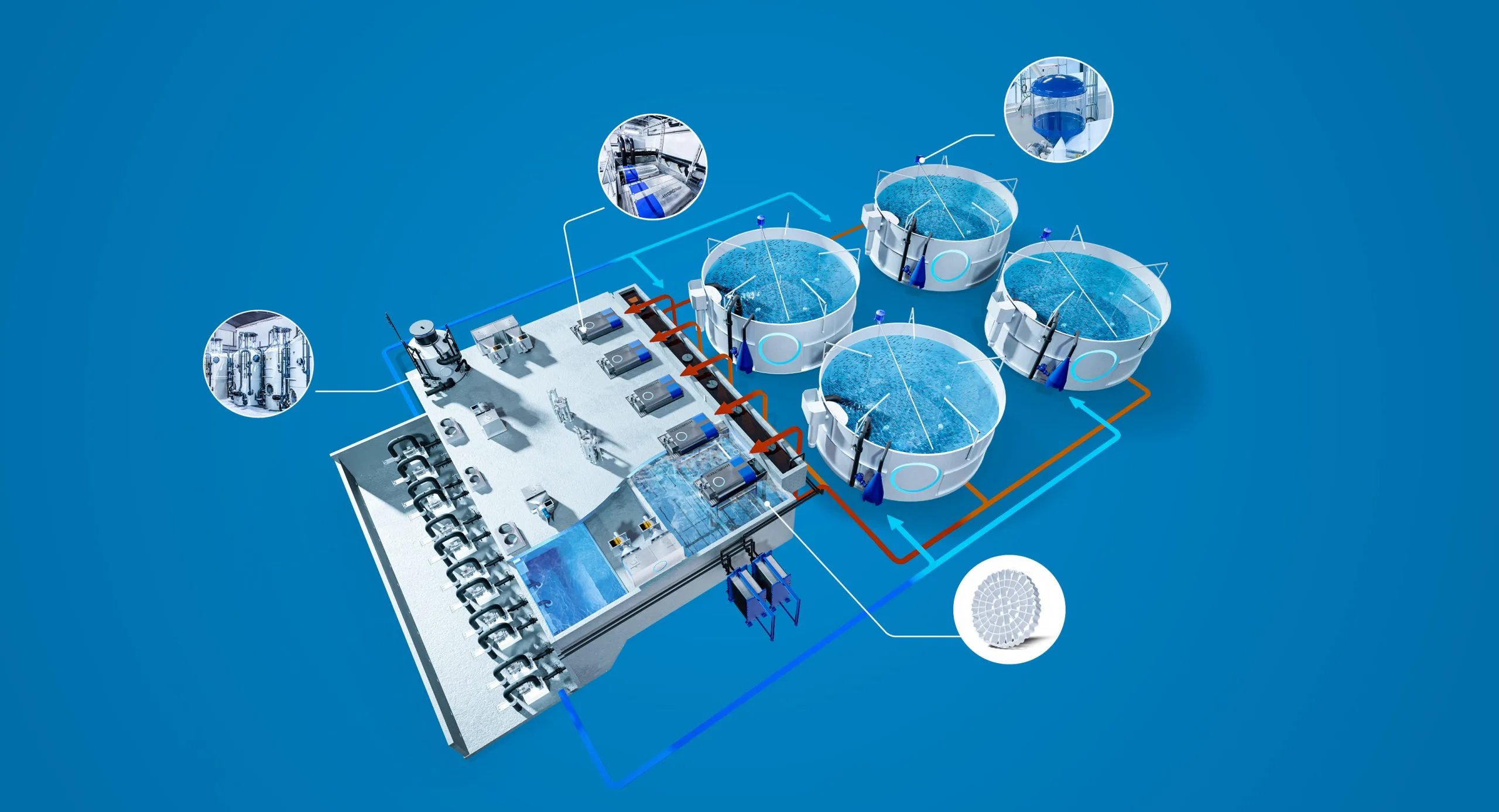 RAS-systemdiagram som viser vannbehandling og fisketanker